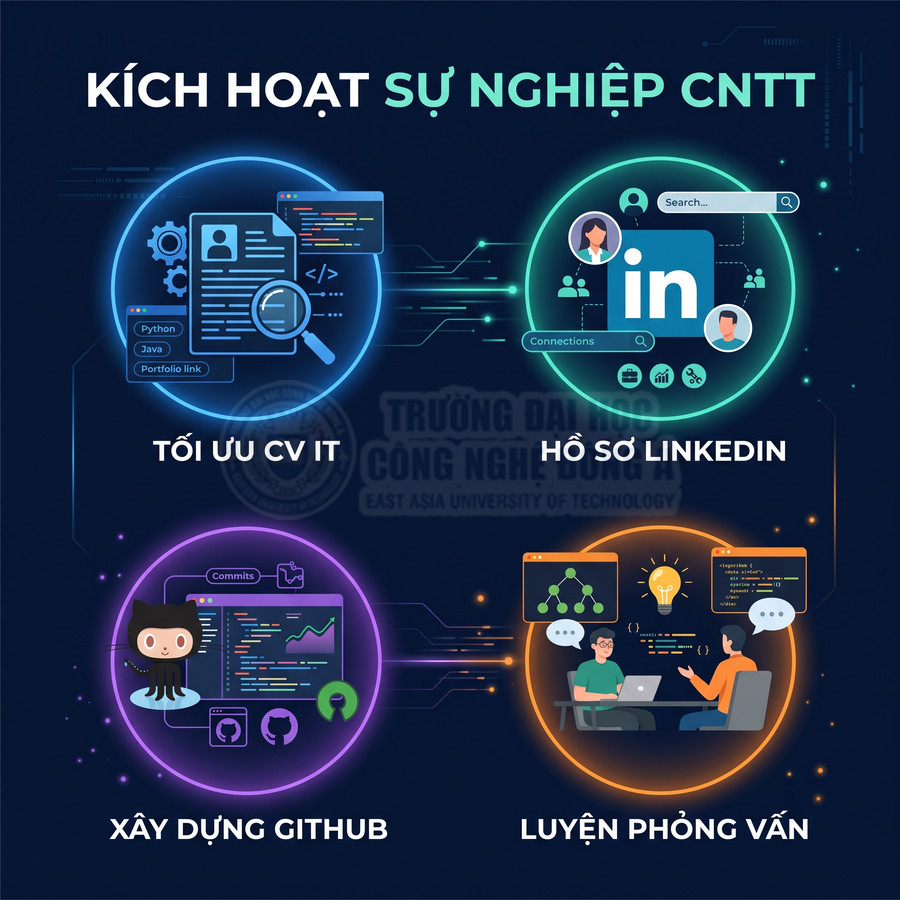 Poster kích hoạt sự nghiệp CNTT với tối ưu CV IT, hồ sơ LinkedIn, xây dựng GitHub và luyện phỏng vấn