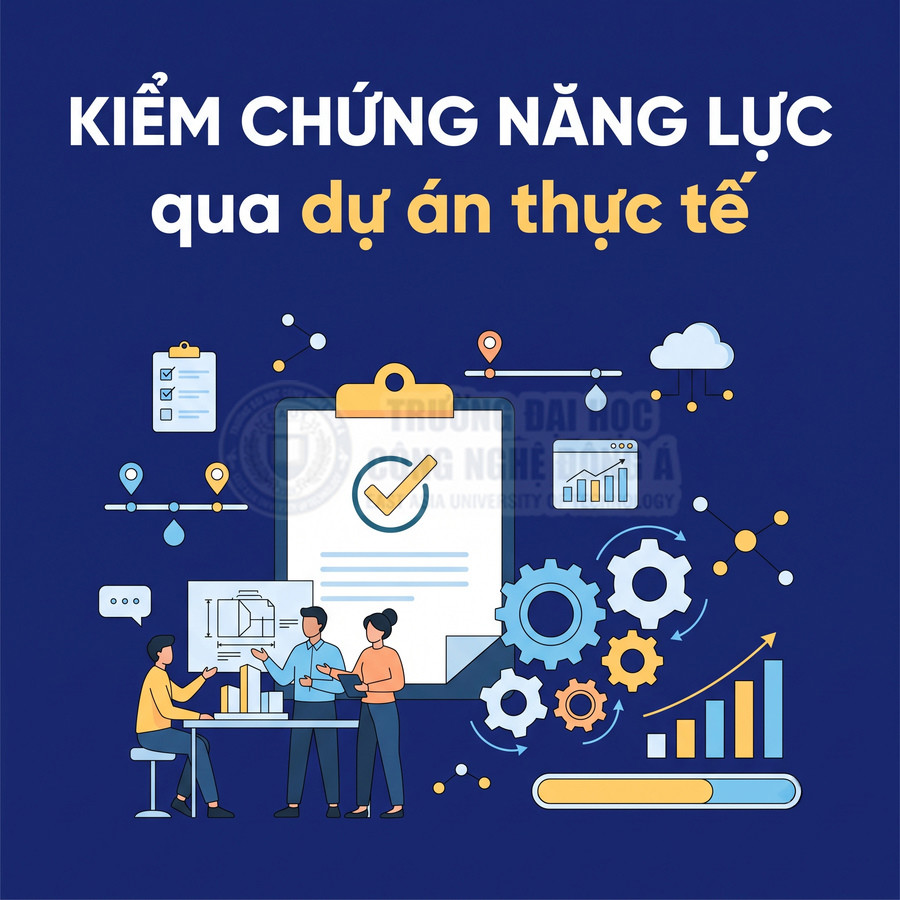 Nhóm người thảo luận bên biểu đồ, bánh răng và checklist về kiểm chứng năng lực qua dự án thực tế