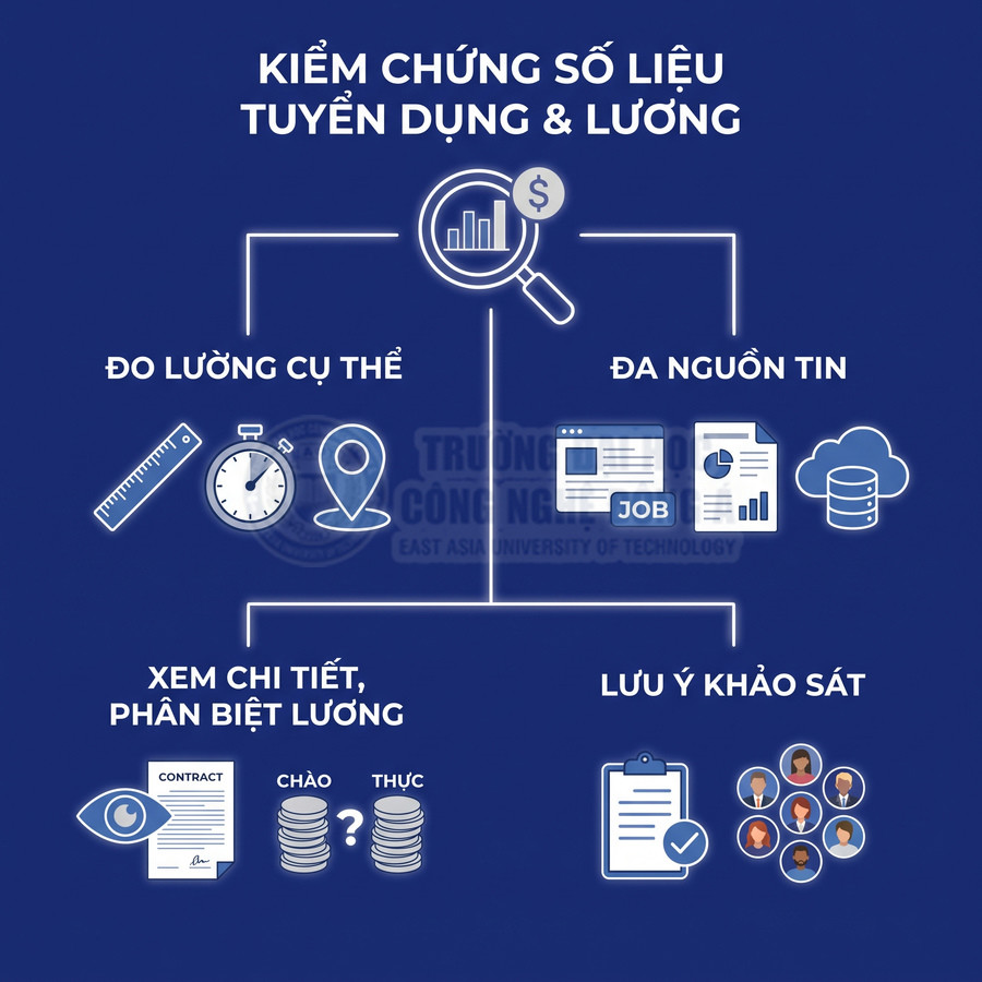 Các tiêu chí kiểm chứng số liệu tuyển dụng và lương gồm đo lường cụ thể, đối chiếu nhiều nguồn và lưu ý khảo sát