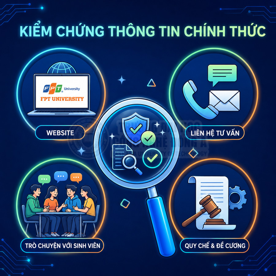 Infographic kiểm chứng thông tin chính thức về FPT University qua website, tư vấn, trò chuyện sinh viên, quy chế và đề cương
