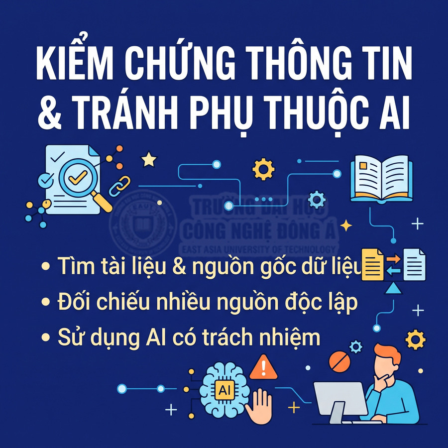 Hình minh họa hướng dẫn kiểm chứng thông tin, đối chiếu nguồn dữ liệu và sử dụng AI có trách nhiệm