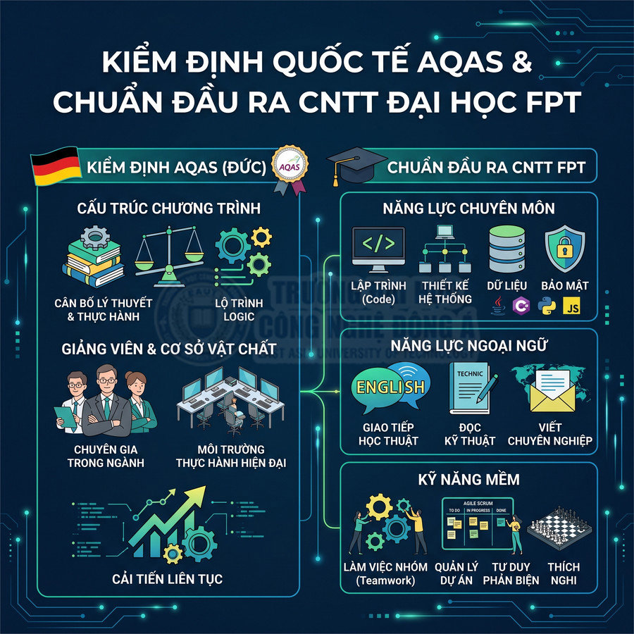 Infographic giới thiệu kiểm định quốc tế AQAS và chuẩn đầu ra ngành CNTT Đại học FPT với các kỹ năng và năng lực đào tạo