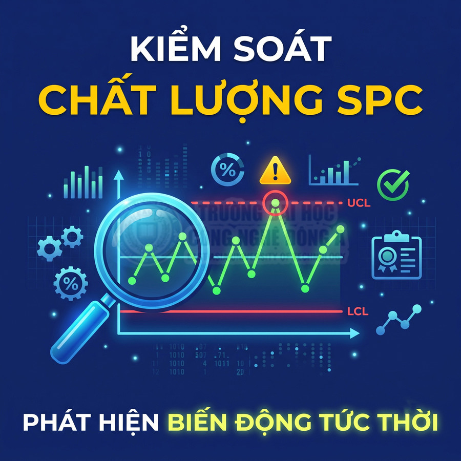 Kiểm soát chất lượng SPC với biểu đồ giới hạn UCL, LCL và kính lúp phát hiện biến động tức thời