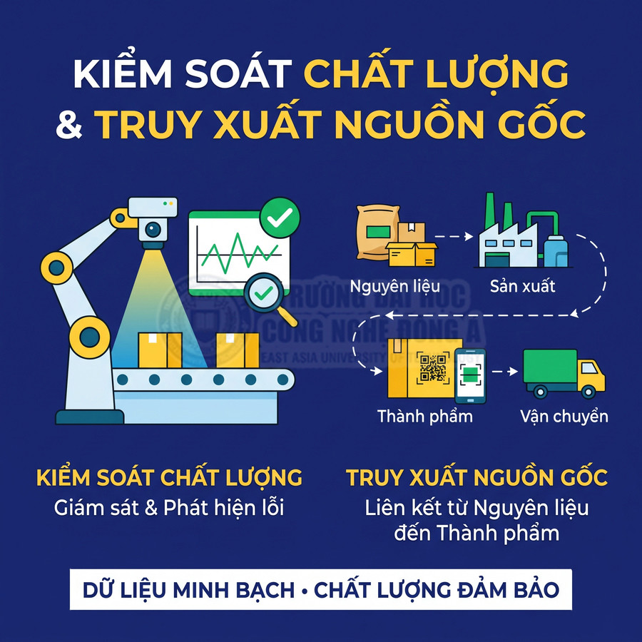 Minh họa hệ thống kiểm soát chất lượng sản xuất và truy xuất nguồn gốc từ nguyên liệu đến vận chuyển thành phẩm