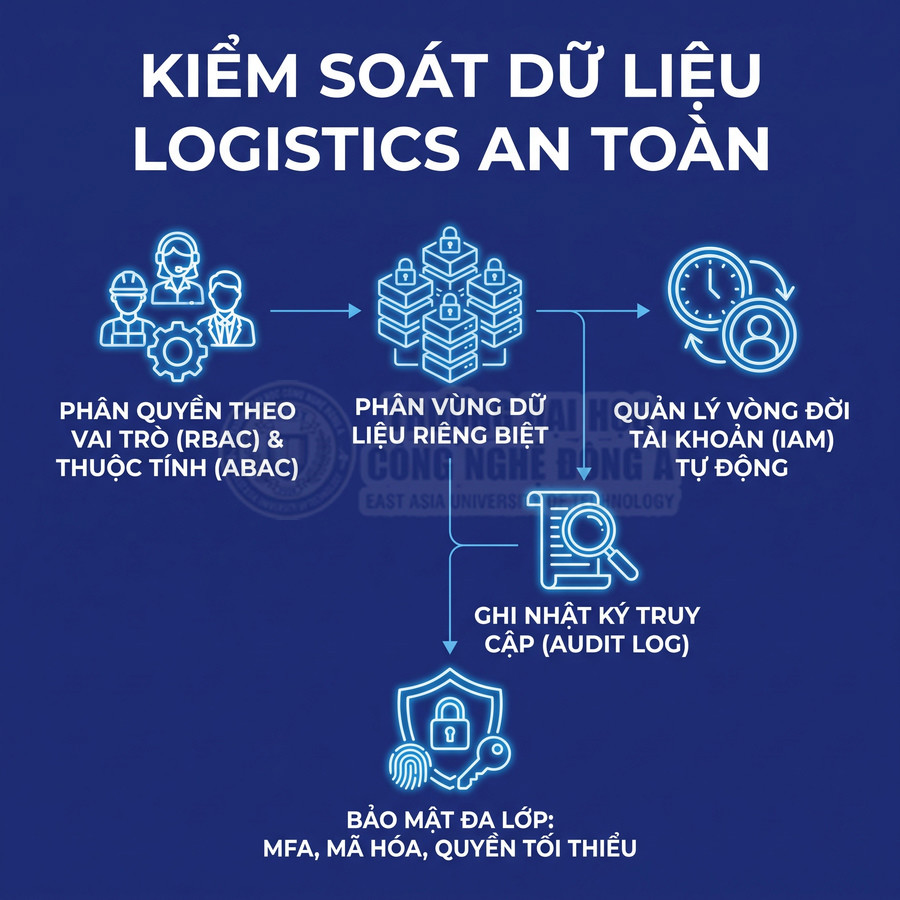 Các biện pháp kiểm soát dữ liệu logistics an toàn gồm phân quyền, phân vùng dữ liệu, quản lý tài khoản, ghi nhật ký truy cập và bảo mật đa lớp