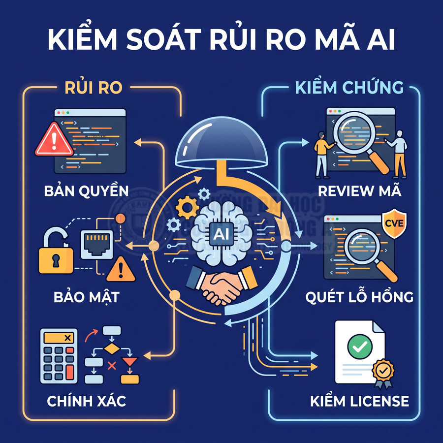 Minh họa quy trình kiểm soát rủi ro mã AI với các bước bảo mật, bản quyền, review mã, quét lỗ hổng và kiểm license