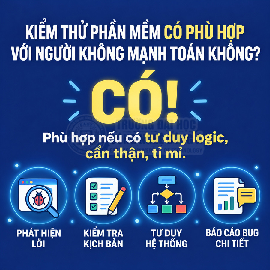 Poster giới thiệu nghề kiểm thử phần mềm, nêu phù hợp với người tư duy logic, cẩn thận và các bước phát hiện lỗi, báo cáo bug