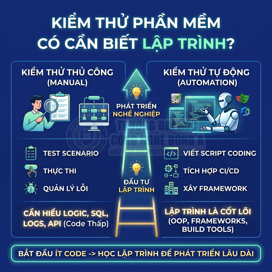 Infographic so sánh kiểm thử phần mềm thủ công và tự động, nhấn mạnh cần học lập trình để phát triển nghề nghiệp