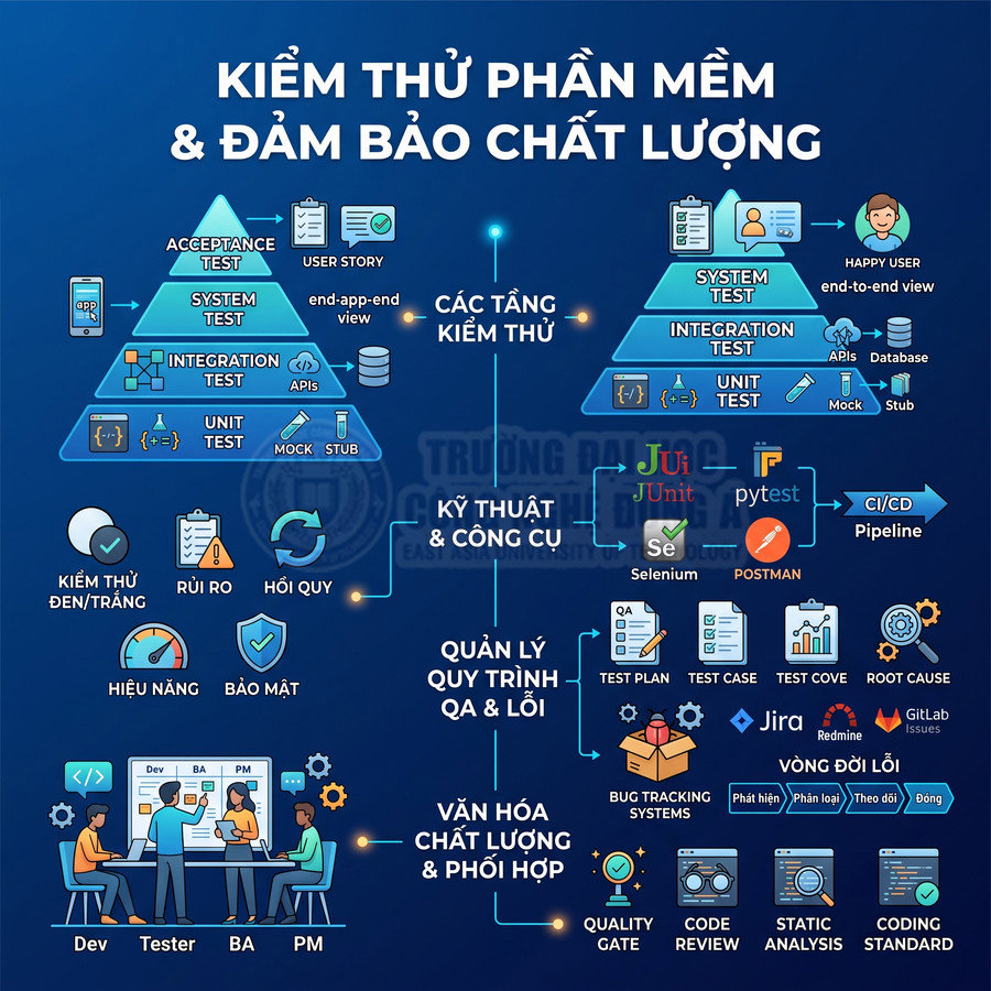 Sơ đồ quy trình kiểm thử phần mềm và đảm bảo chất lượng với các tầng test, công cụ và vai trò QA