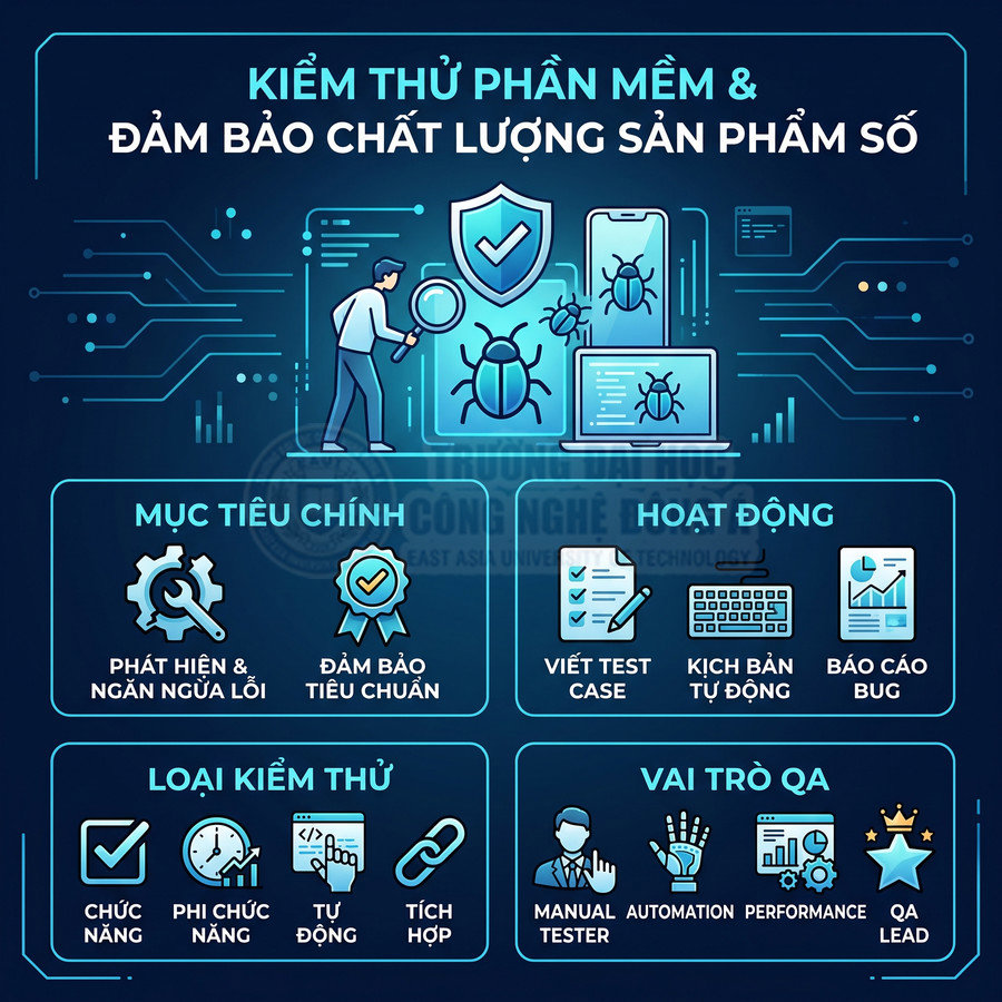 Minh họa quy trình kiểm thử phần mềm và đảm bảo chất lượng sản phẩm số với các mục tiêu, hoạt động và vai trò QA