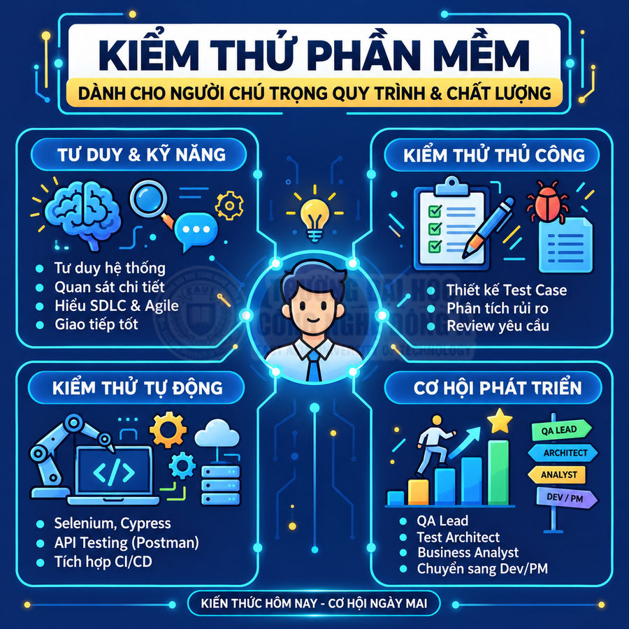 Infographic giới thiệu nghề kiểm thử phần mềm, kỹ năng cần có, các mảng kiểm thử và cơ hội phát triển nghề nghiệp