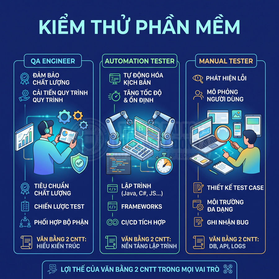 Infographic so sánh vai trò QA engineer, automation tester và manual tester trong kiểm thử phần mềm