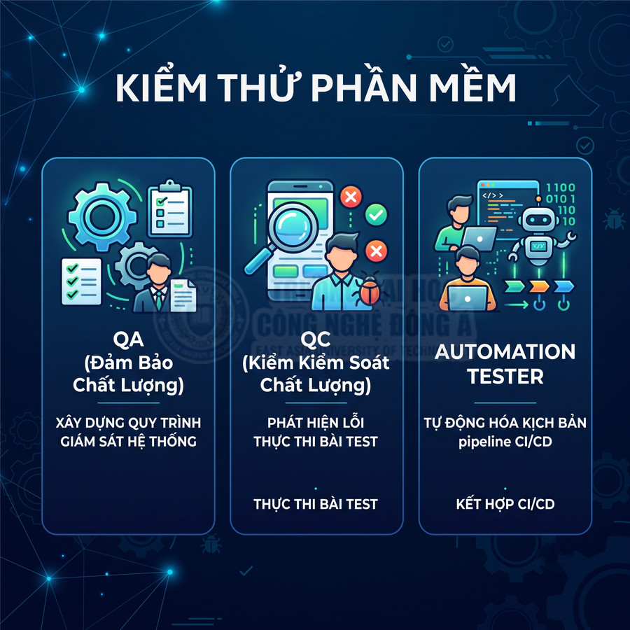 Mô tả các vai trò QA QC Automation Tester trong quy trình kiểm thử phần mềm và tự động hóa CI CD