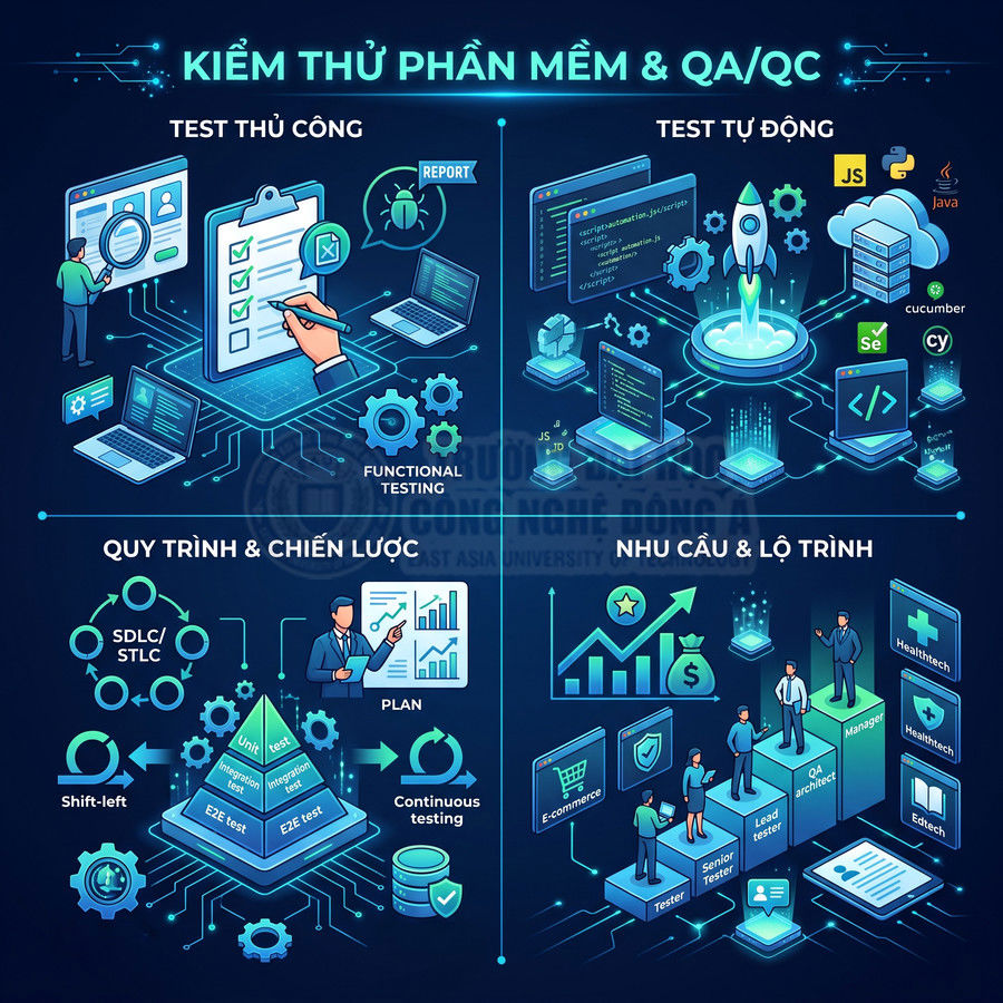 Minh họa quy trình kiểm thử phần mềm QA QC với test thủ công, test tự động, chiến lược và lộ trình nghề nghiệp
