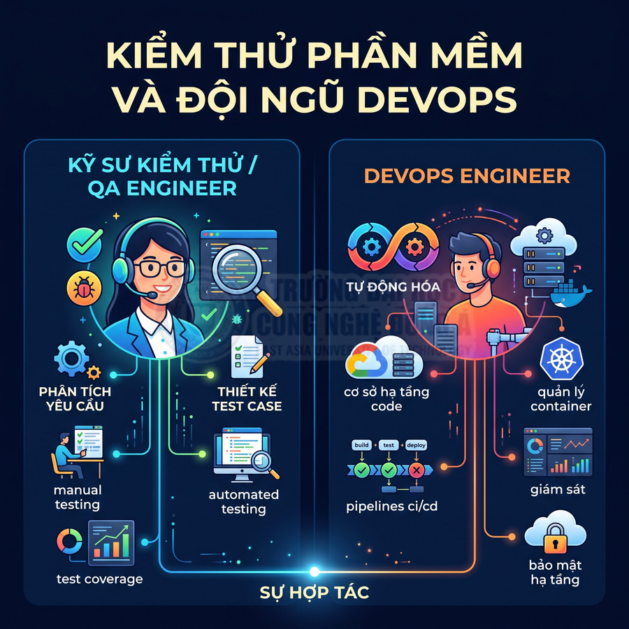 Infographic mô tả vai trò kỹ sư kiểm thử phần mềm và DevOps engineer cùng quy trình hợp tác trong phát triển phần mềm
