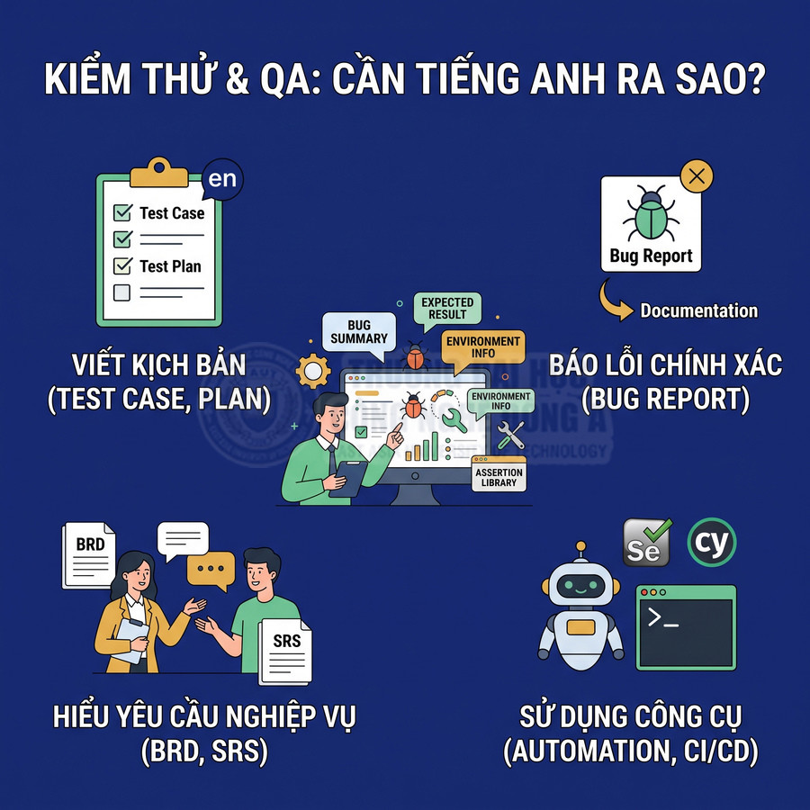 Infographic kỹ năng tiếng Anh cần có cho kiểm thử QA gồm viết test case, bug report, đọc BRD SRS và dùng tool automation