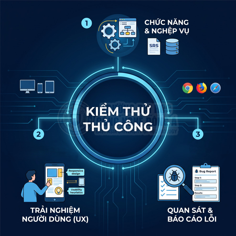 Mô tả quy trình kiểm thử thủ công phần mềm gồm chức năng nghiệp vụ, trải nghiệm người dùng và quan sát báo cáo lỗi