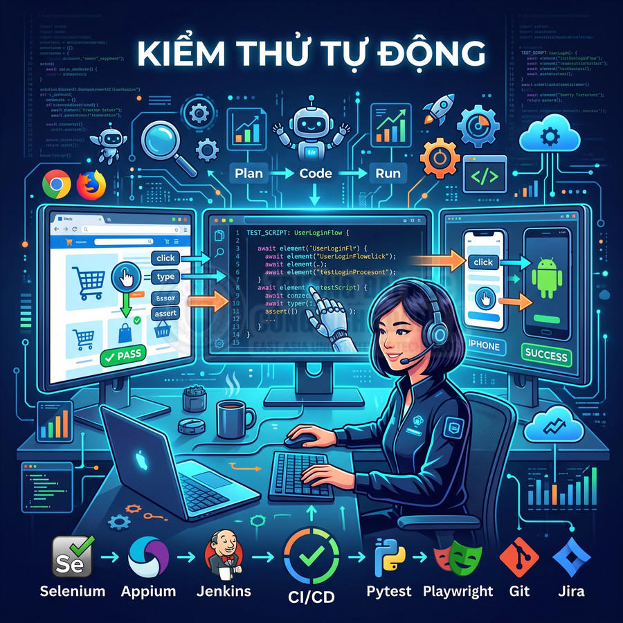 Kỹ sư QA tự động hóa kiểm thử web và ứng dụng di động với Selenium, Appium, Jenkins, Pytest, Playwright, Git, Jira