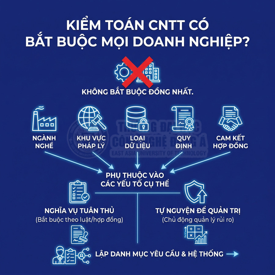 Kiểm toán CNTT không bắt buộc đồng nhất, tùy ngành nghề, khu vực pháp lý, dữ liệu, quy định và cam kết hợp đồng