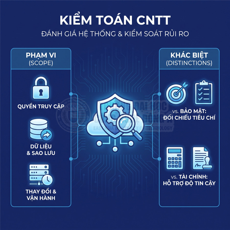 Kiểm toán CNTT đánh giá quyền truy cập, dữ liệu, sao lưu, thay đổi và vận hành để kiểm soát rủi ro hệ thống
