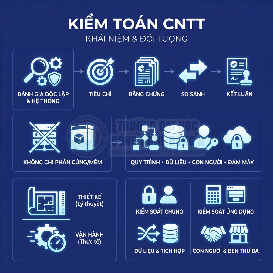 Nội dung về kiểm toán công nghệ thông tin, gồm quy trình đánh giá và các đối tượng kiểm soát như dữ liệu, con người, ứng dụng và đám mây
