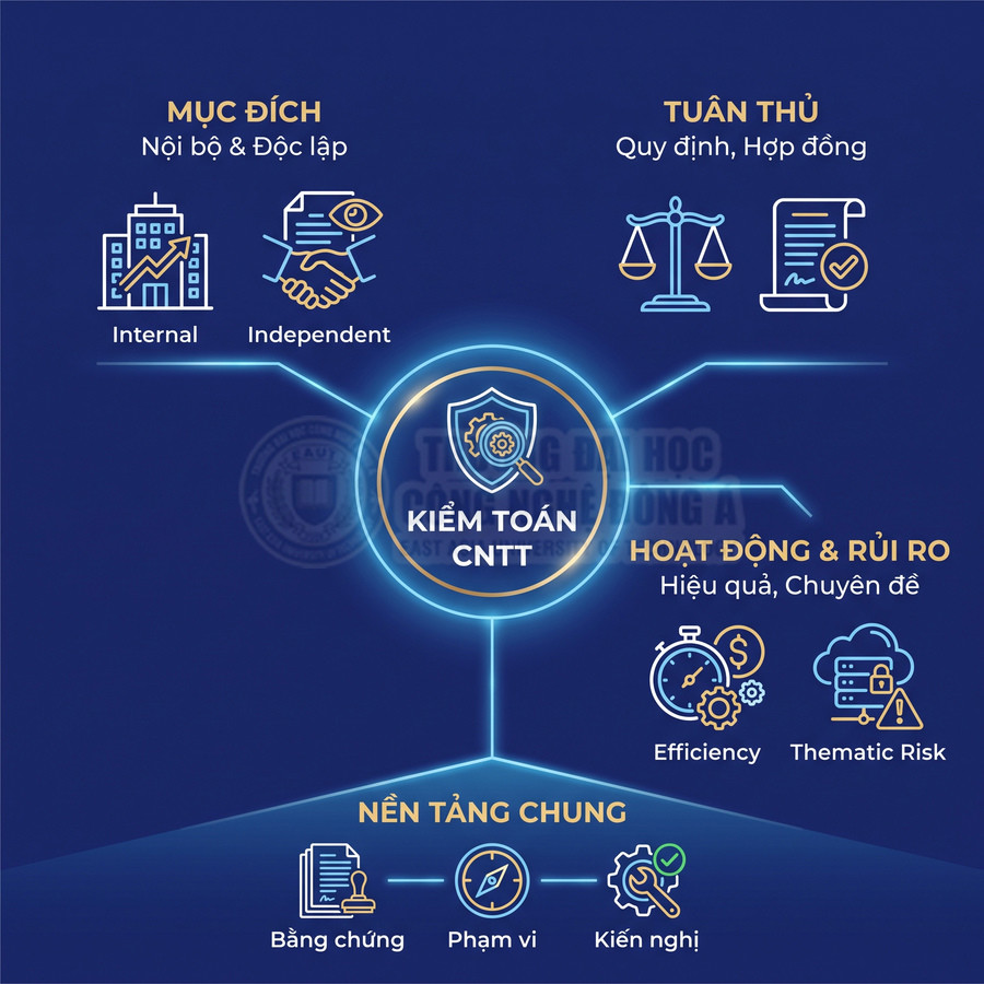 Sơ đồ các mục tiêu kiểm toán CNTT gồm mục đích, tuân thủ, hoạt động và rủi ro, cùng nền tảng chung Xóa ảnh đi rửa tay rồi á