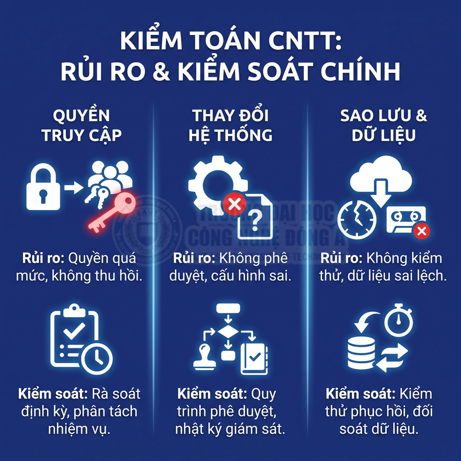 Kiểm toán CNTT về rủi ro và kiểm soát quyền truy cập, thay đổi hệ thống, sao lưu và dữ liệu.