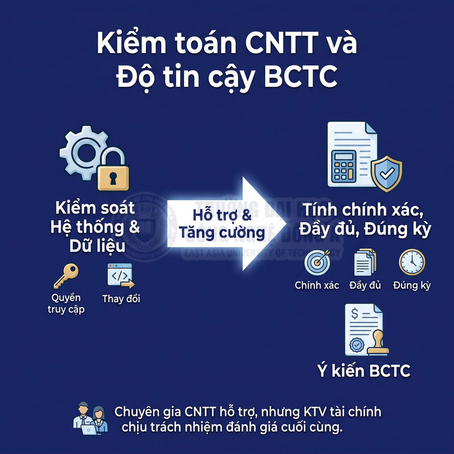 Nội dung về kiểm toán CNTT hỗ trợ đảm bảo báo cáo tài chính chính xác, đầy đủ và đúng kỳ.