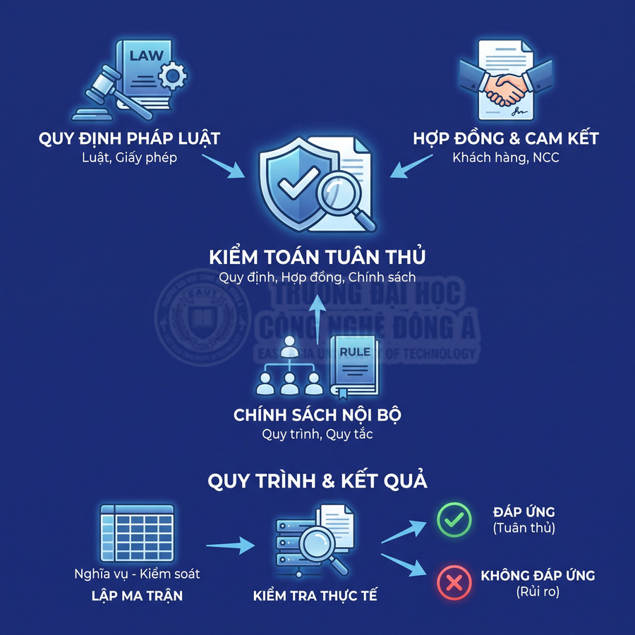 Quy trình kiểm toán tuân thủ gồm quy định pháp luật, hợp đồng, chính sách nội bộ, lập ma trận và kiểm tra thực tế.