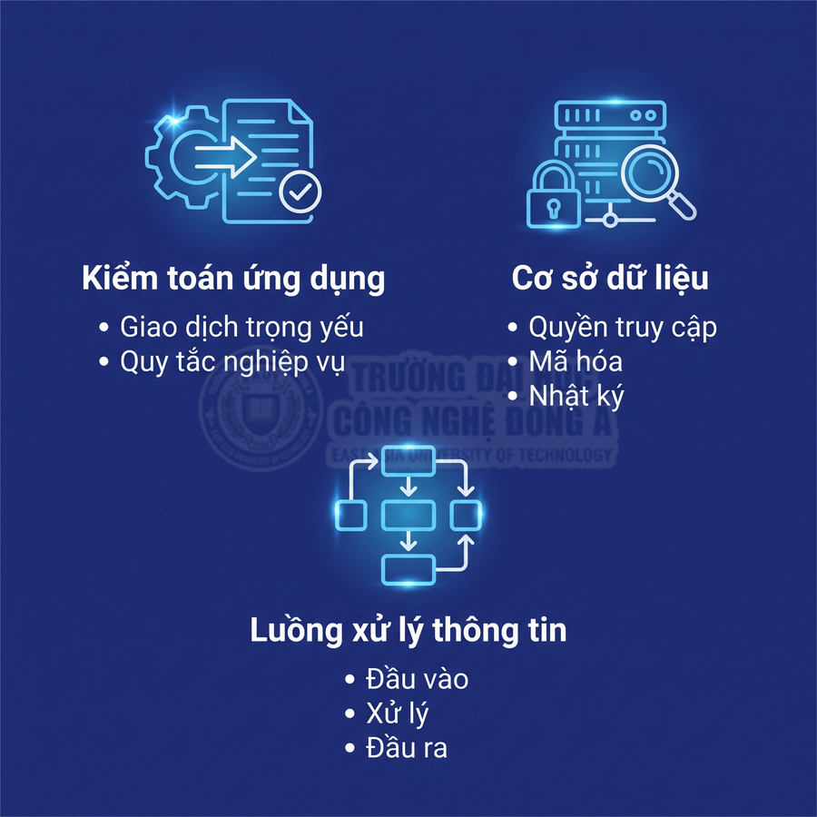 Các hạng mục kiểm toán hệ thống gồm ứng dụng, cơ sở dữ liệu và luồng xử lý thông tin