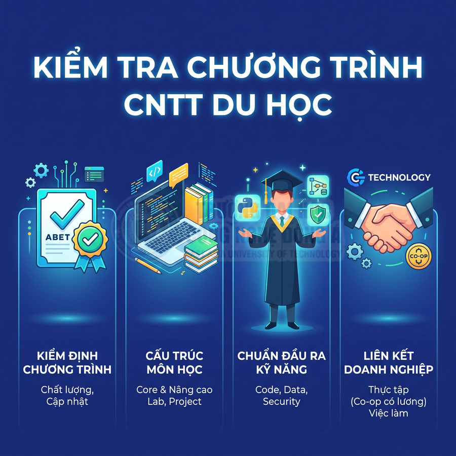 Banner giới thiệu kiểm tra chương trình du học CNTT với kiểm định ABET, cấu trúc môn học, chuẩn kỹ năng và liên kết doanh nghiệp