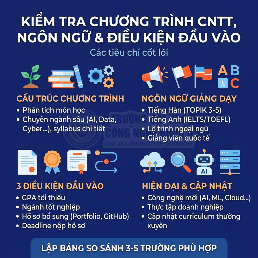 Infographic tiêu chí chọn chương trình CNTT, ngôn ngữ và điều kiện đầu vào đại học