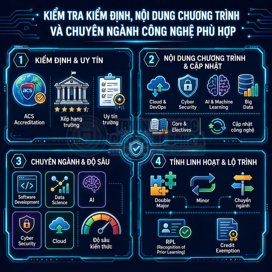 Infographic tiêu chí chọn chương trình và chuyên ngành công nghệ thông tin: kiểm định, nội dung, chuyên ngành, lộ trình học