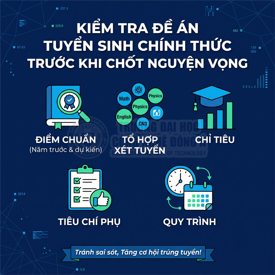 Infographic kiểm tra đề án tuyển sinh chính thức với các mục điểm chuẩn, tổ hợp xét tuyển, chỉ tiêu, tiêu chí phụ, quy trình