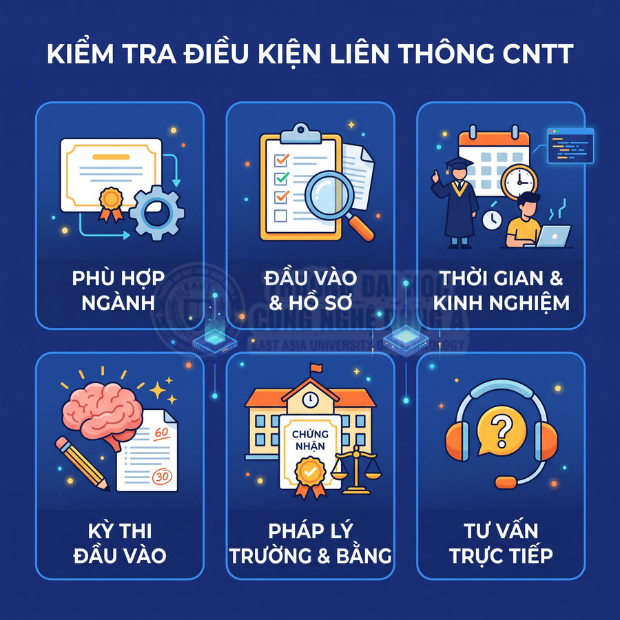 Kiểm tra điều kiện liên thông CNTT với các tiêu chí ngành học, hồ sơ, thời gian, kỳ thi, pháp lý và tư vấn trực tiếp