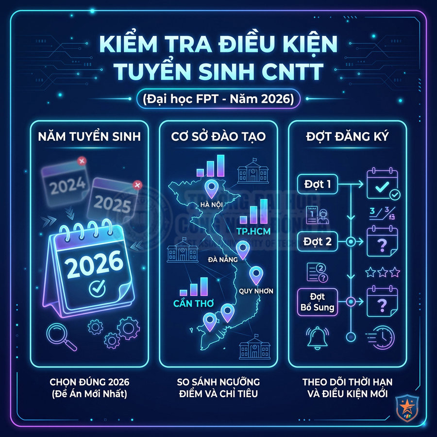 Infographic điều kiện tuyển sinh CNTT Đại học FPT 2026 với năm tuyển sinh, cơ sở đào tạo và các đợt đăng ký