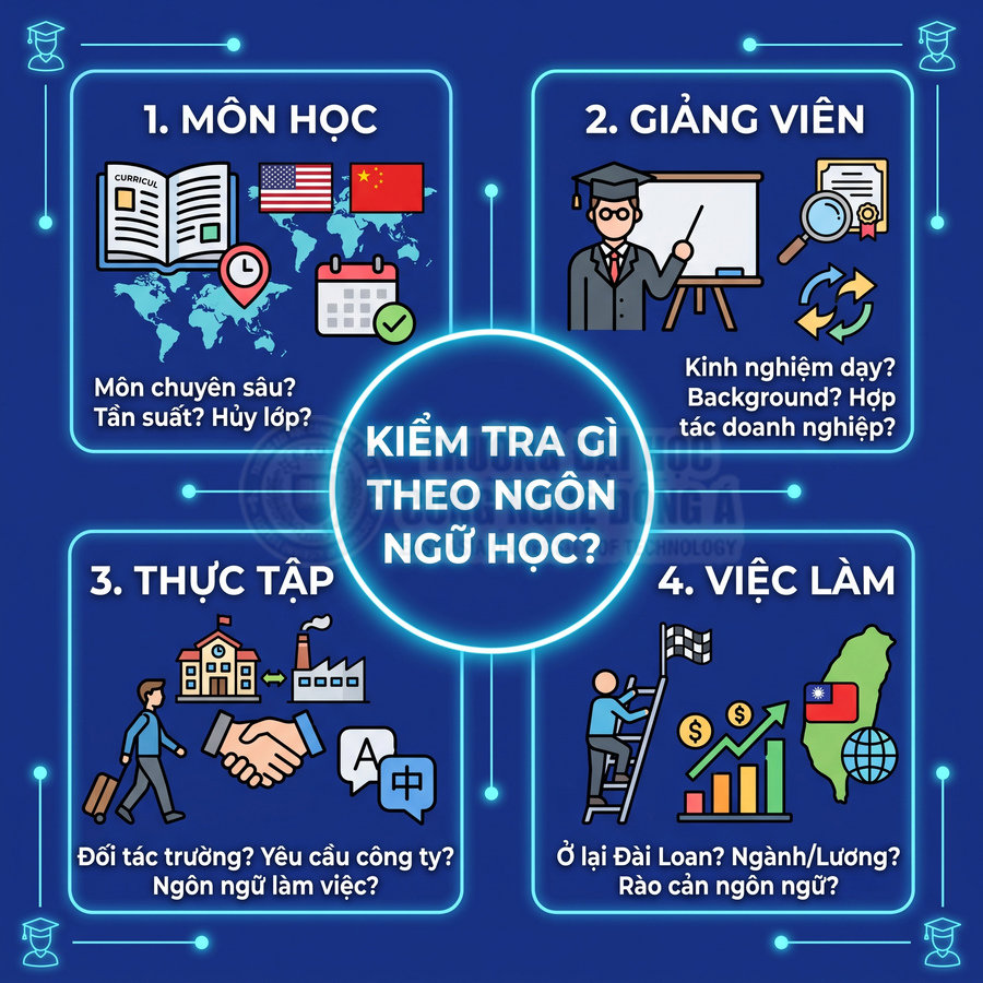 Infographic kiểm tra ngành ngôn ngữ học về môn học, giảng viên, thực tập và cơ hội việc làm tại Đài Loan