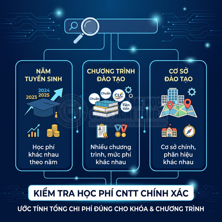 Infographic kiểm tra học phí ngành CNTT theo năm tuyển sinh, chương trình đào tạo và cơ sở đào tạo