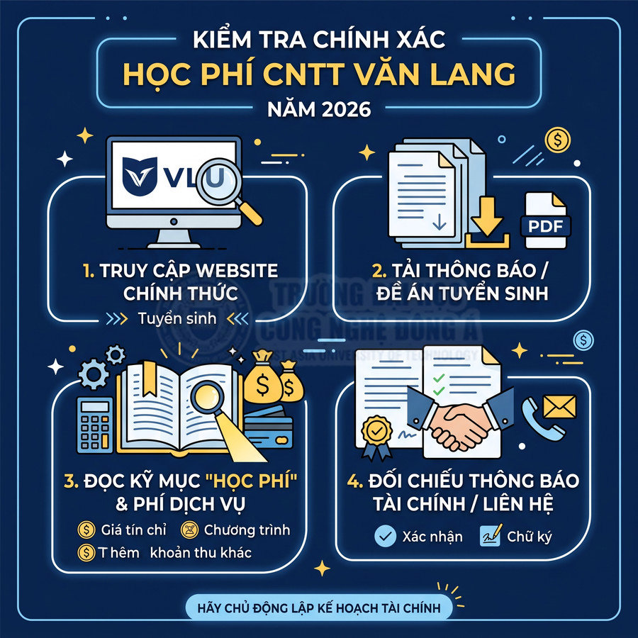 Hướng dẫn kiểm tra chính xác học phí CNTT Văn Lang năm 2026 với 4 bước chi tiết trên nền xanh