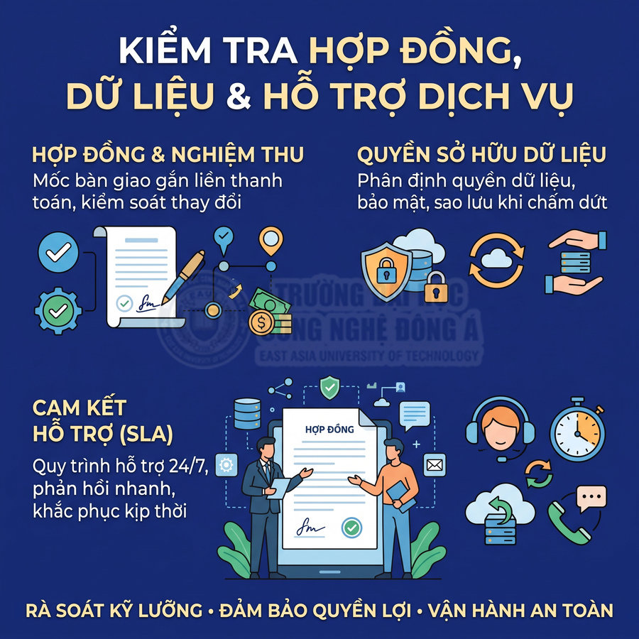 Nội dung về kiểm tra hợp đồng, quyền sở hữu dữ liệu và cam kết hỗ trợ dịch vụ SLA 24/7.
