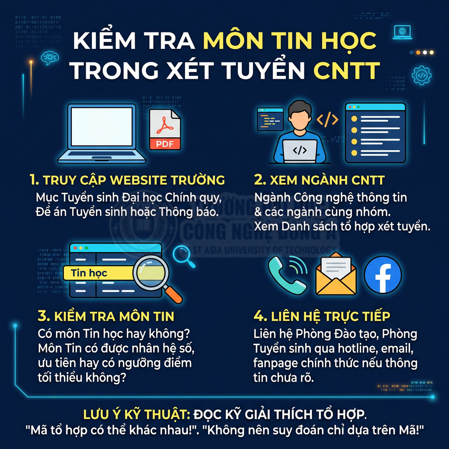 Hướng dẫn kiểm tra môn Tin học trong xét tuyển ngành CNTT với các bước truy cập website, xem ngành, liên hệ trường