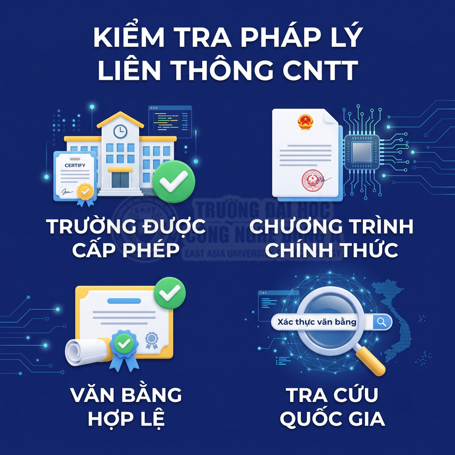 Kiểm tra pháp lý liên thông CNTT với trường được cấp phép, chương trình chính thức, văn bằng hợp lệ, tra cứu quốc gia