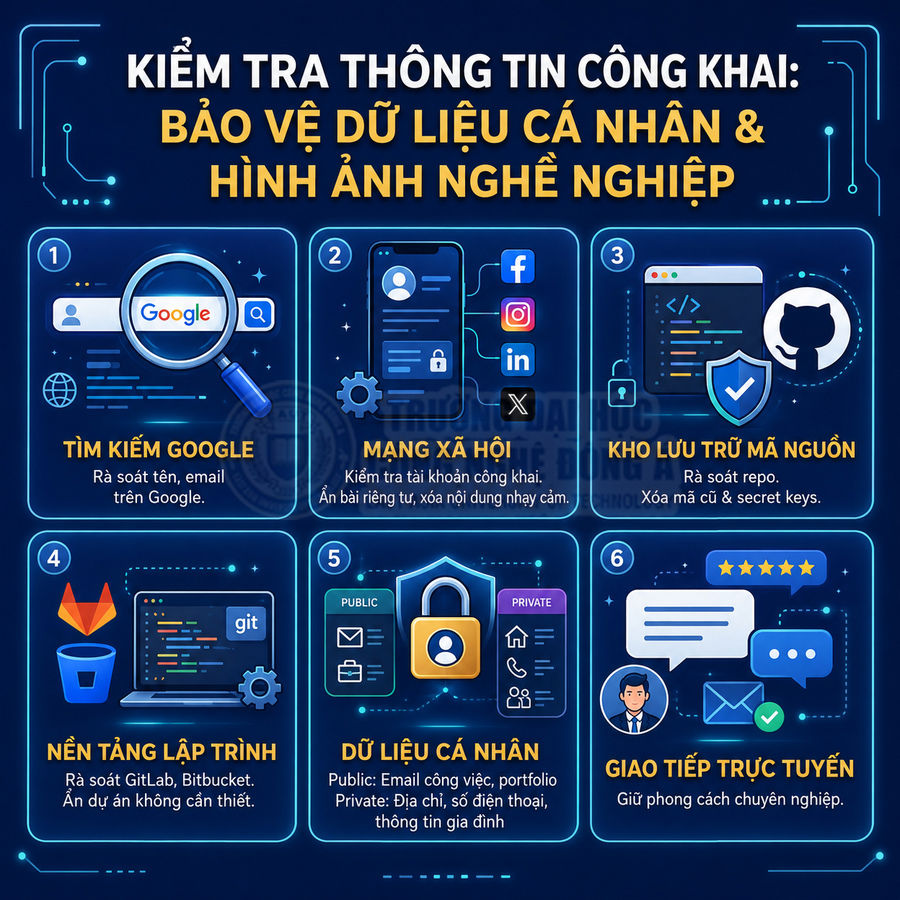 Infographic hướng dẫn kiểm tra thông tin công khai để bảo vệ dữ liệu cá nhân và hình ảnh nghề nghiệp trên mạng