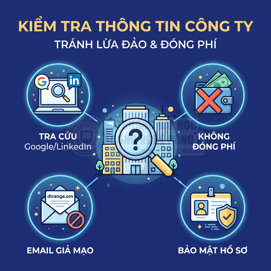 Hướng dẫn kiểm tra thông tin công ty để tránh lừa đảo, không đóng phí, nhận biết email giả và bảo mật hồ sơ