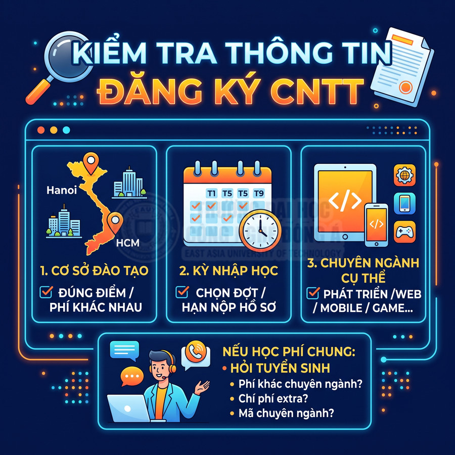 Infographic kiểm tra thông tin đăng ký ngành công nghệ thông tin với cơ sở đào tạo, kỳ nhập học và chuyên ngành cụ thể
