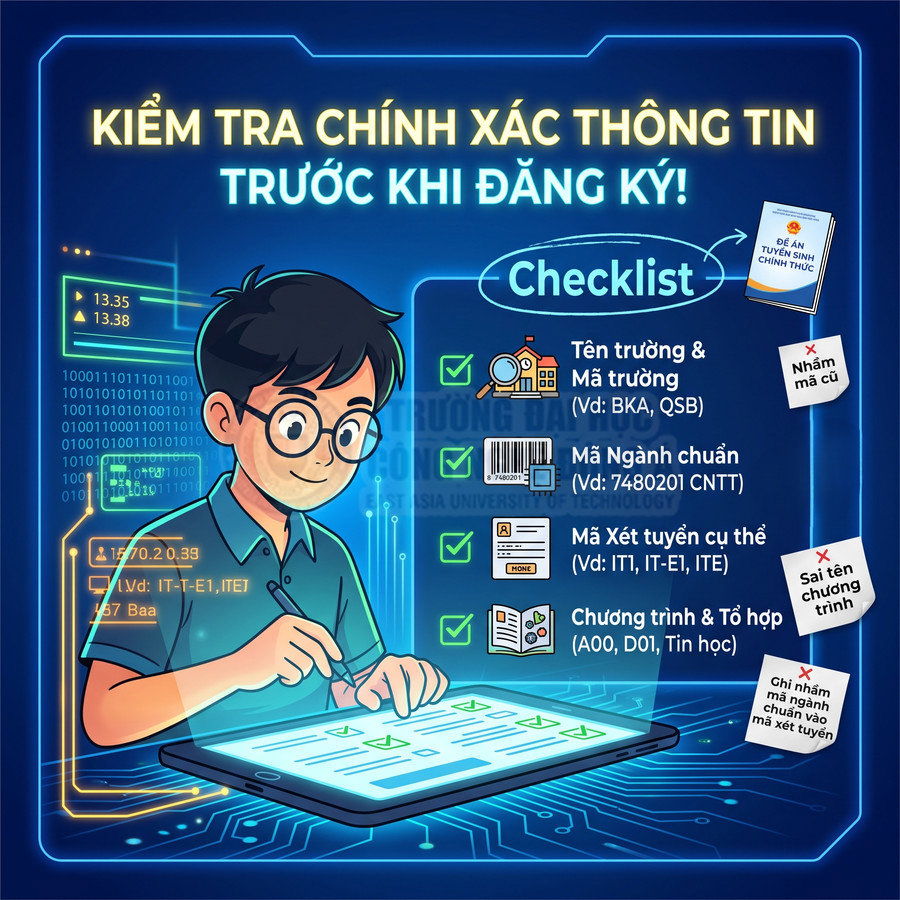Học sinh đeo kính dùng bút kiểm tra checklist thông tin đăng ký xét tuyển trên máy tính bảng nền công nghệ xanh