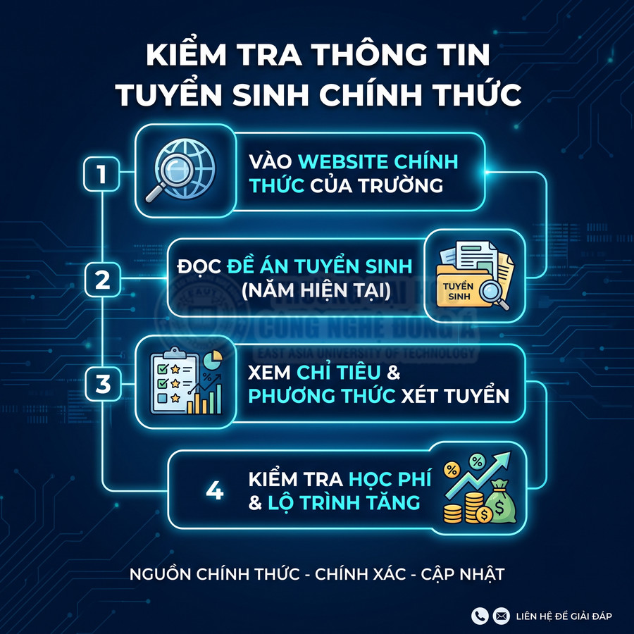 Hướng dẫn 4 bước kiểm tra thông tin tuyển sinh chính thức của trường đại học trên nền xanh hiện đại