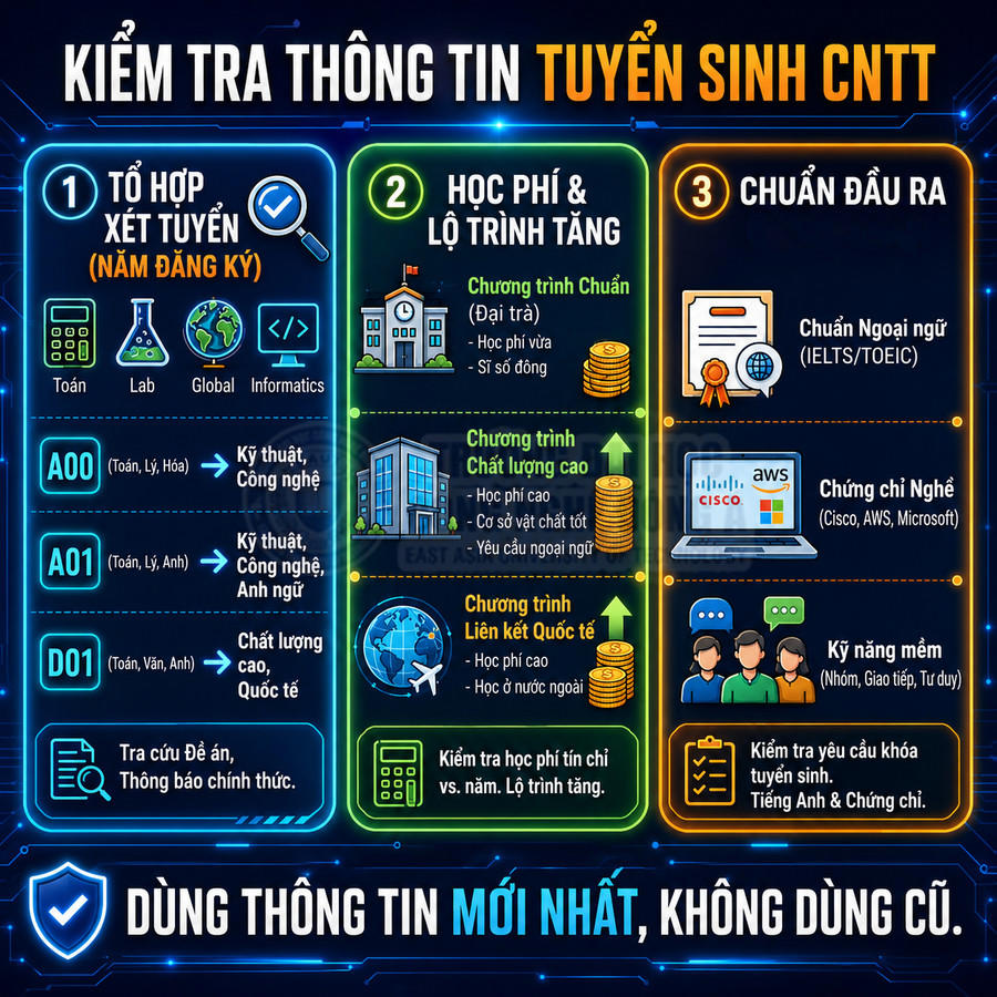 Infographic kiểm tra thông tin tuyển sinh ngành công nghệ thông tin với tổ hợp xét tuyển, học phí và chuẩn đầu ra