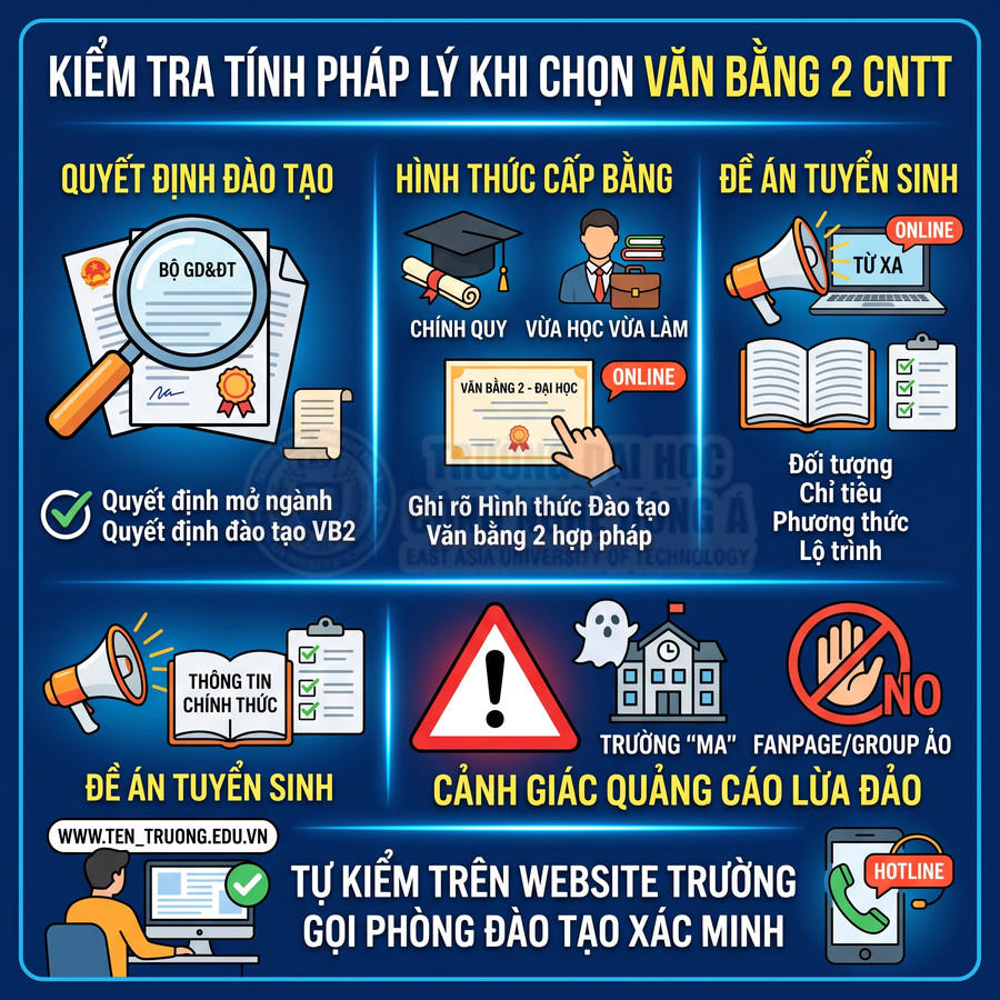 Infographic hướng dẫn kiểm tra tính pháp lý khi chọn văn bằng 2 CNTT và cảnh giác quảng cáo lừa đảo