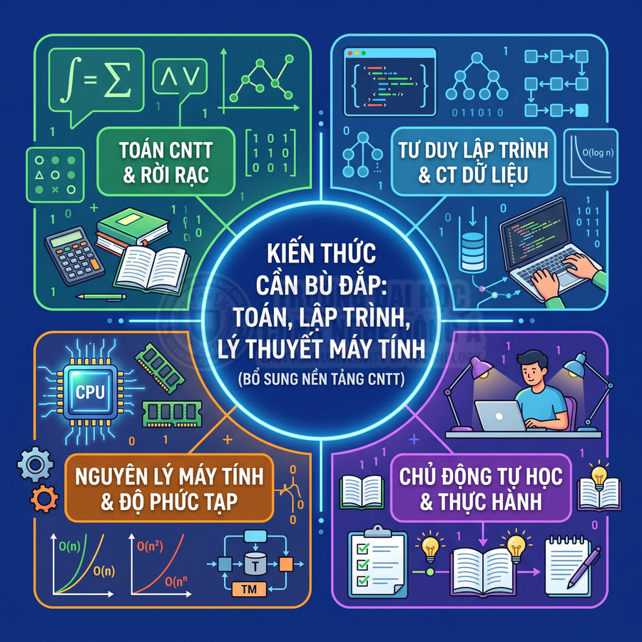 Infographic kiến thức cần bù đắp cho ngành CNTT gồm toán, lập trình, lý thuyết máy tính và tự học thực hành